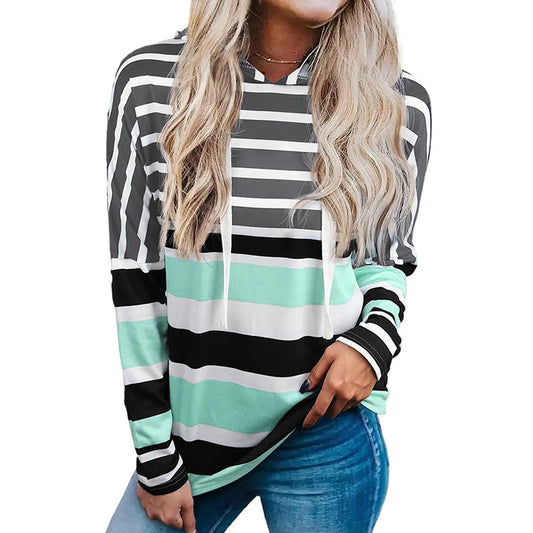 Women's Striped Hooded Long Sleeve Loose Casual Sweatshirt