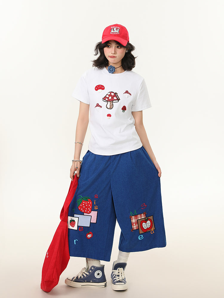 Women's Mushroom Embroidered Crew Neck Shoulder Short-sleeved T-shirt