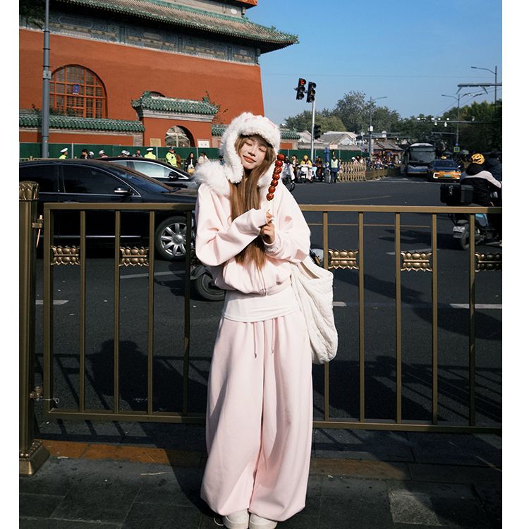 Womens Thickened Detachable Fur-Trimmed Jacket And Sweatpants Set