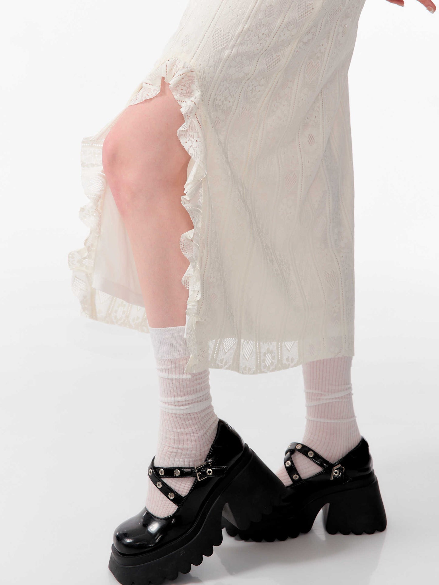 High Waist Apricot Ruffled Lace Split Midi Skirt
