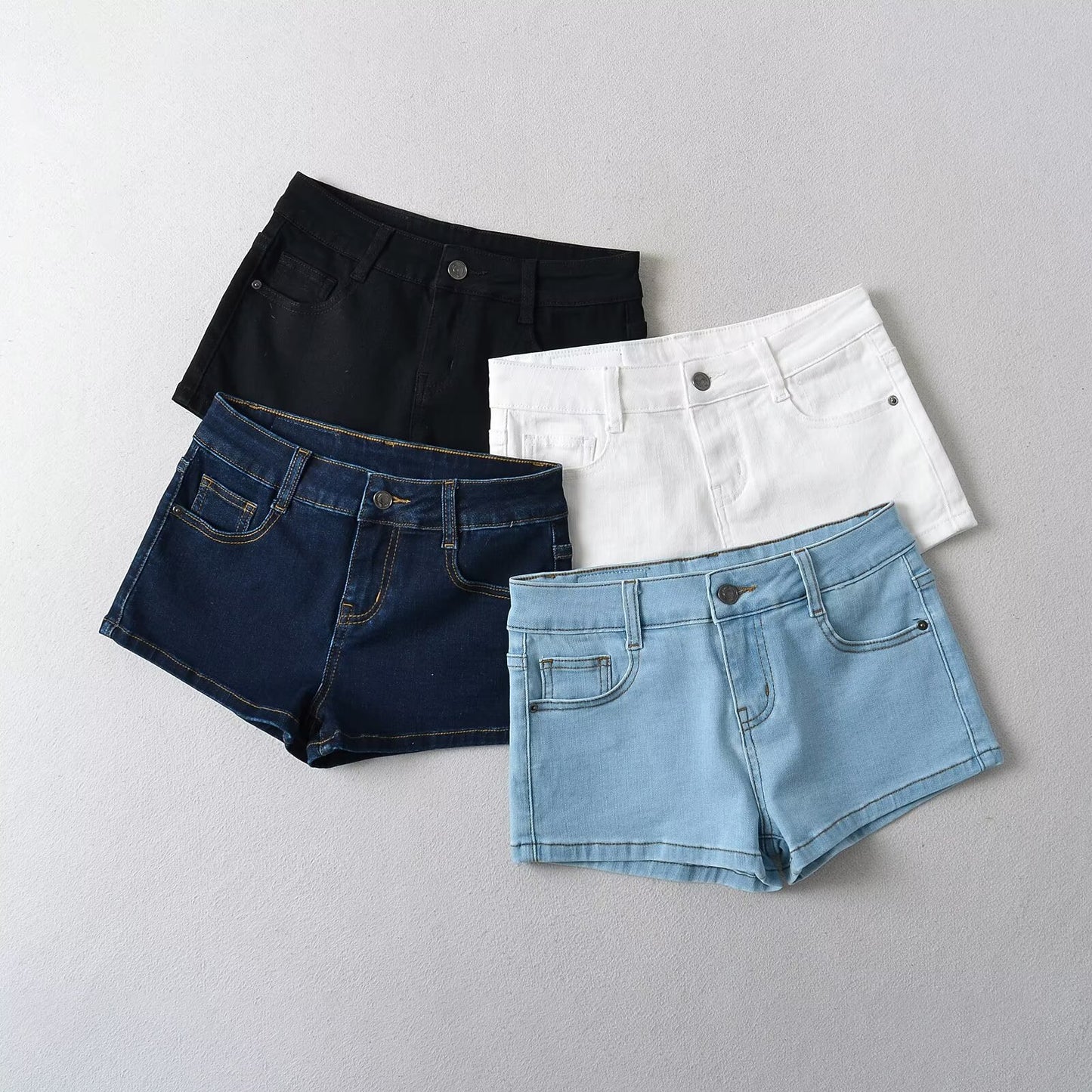 Lavtaljede denimshorts, skinny, stretchy, slankende
