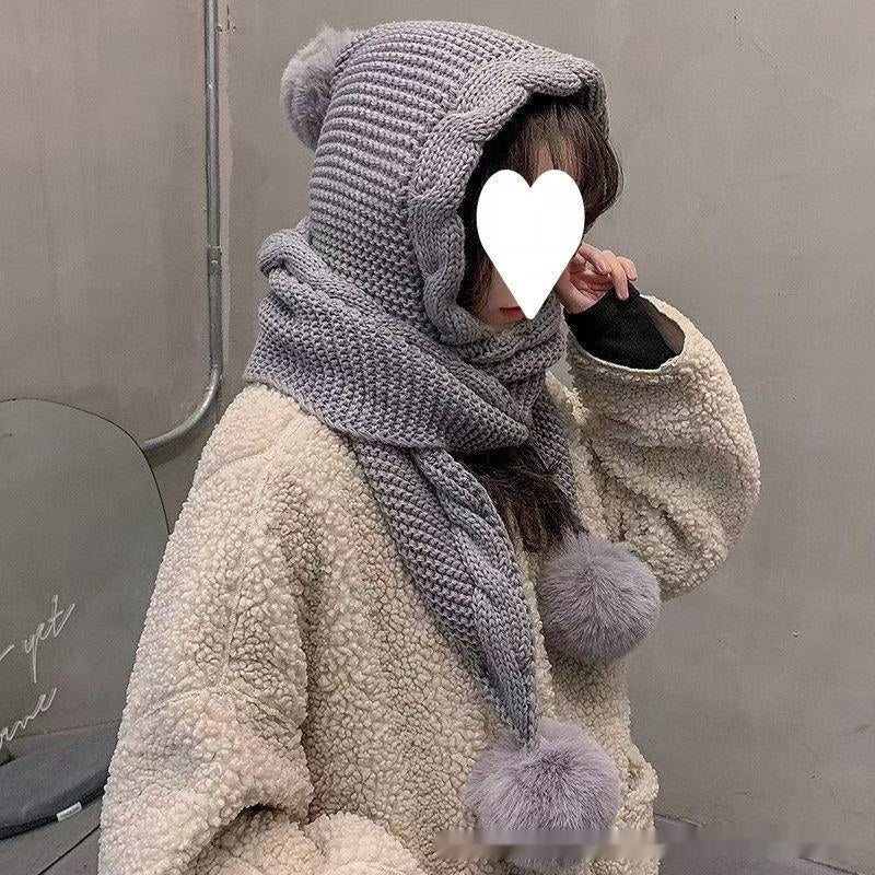 Korean-style Wool Hat Versatile Attached Scarf