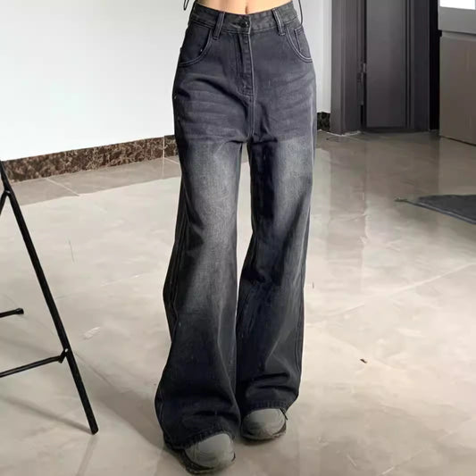 Washed Jeans Plus Size High Waist Loose Straight Wide Leg Pants