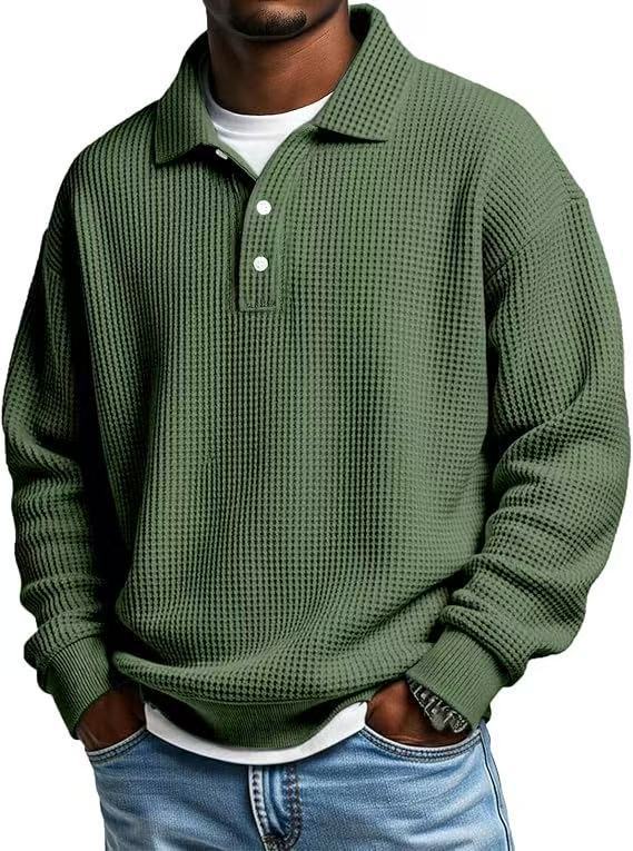 Men's Waffle-Knit Polo Shirt, Retro Solid-Color Top