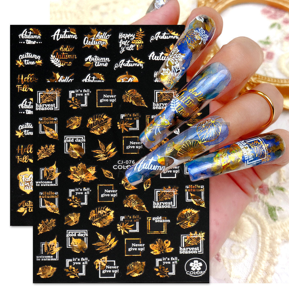 Nail Sticker Laser Golden Maple Leaf Letter Fan 3D