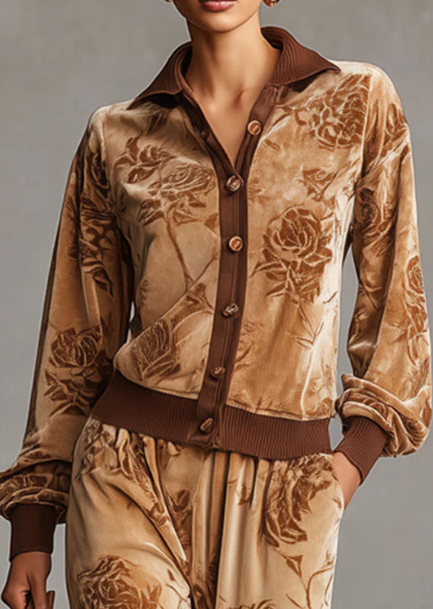 Sporty Retro Rose Velvet Cardigan Sweatshirt WideLeg Pants Set
