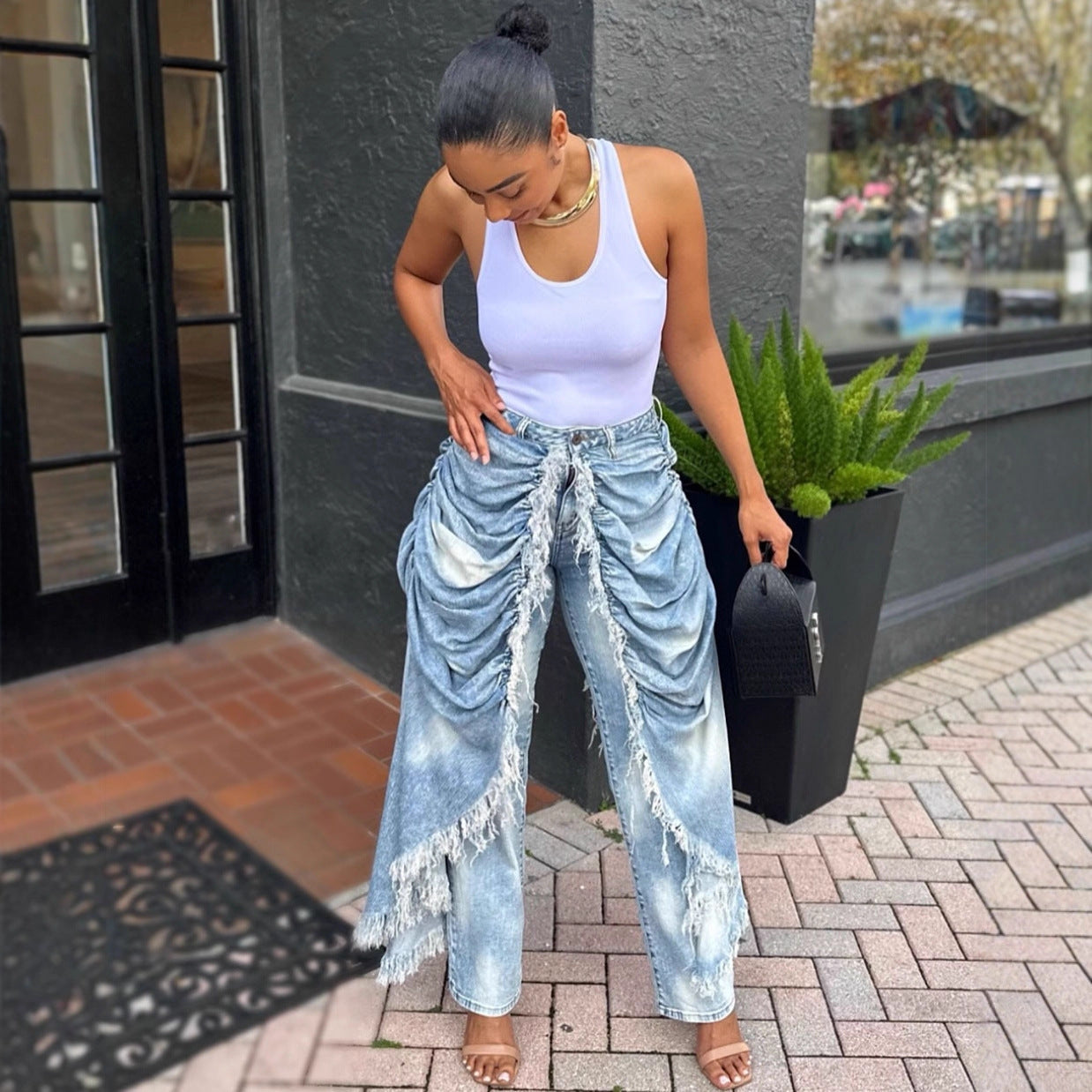 Womens High-Waisted Denim Jeans With Ruffled Hems