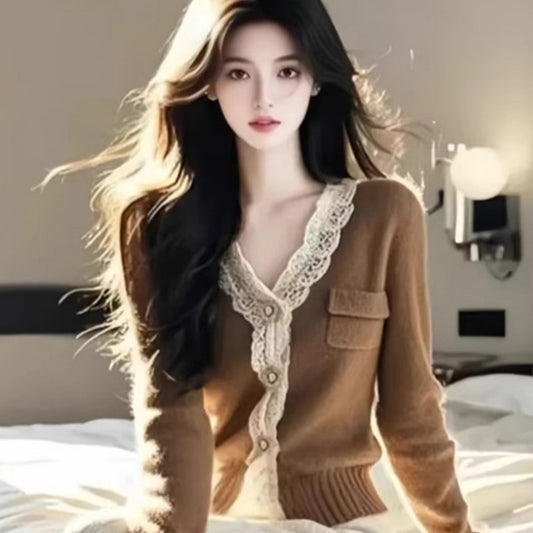 Maillard Brown Lace-Trimmed V-Neck Knitted Cardigan Sweater