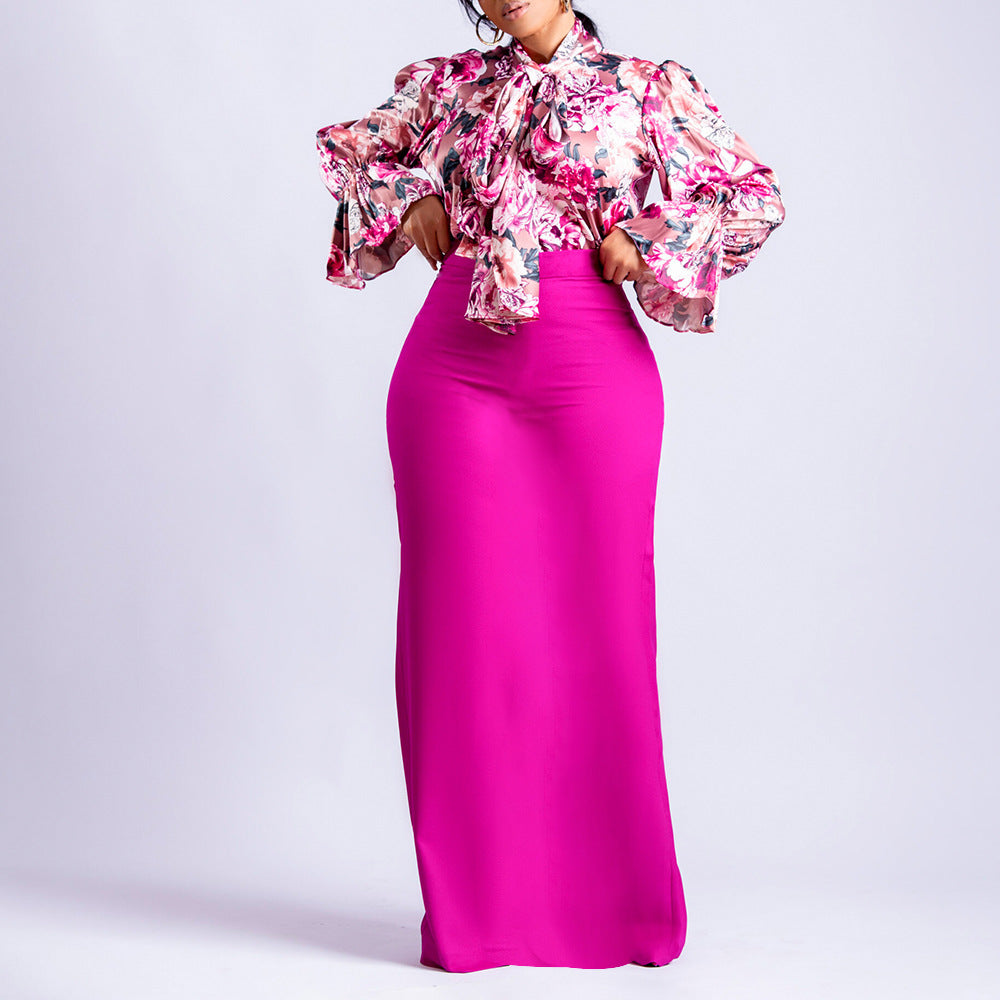 Printed Lace Up Long Sleeve Shirt Skirt Long Skirt Cross-border Two-piece Set