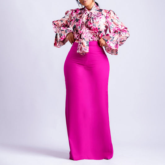 Printed Lace Up Long Sleeve Shirt Skirt Long Skirt Cross-border Two-piece Set