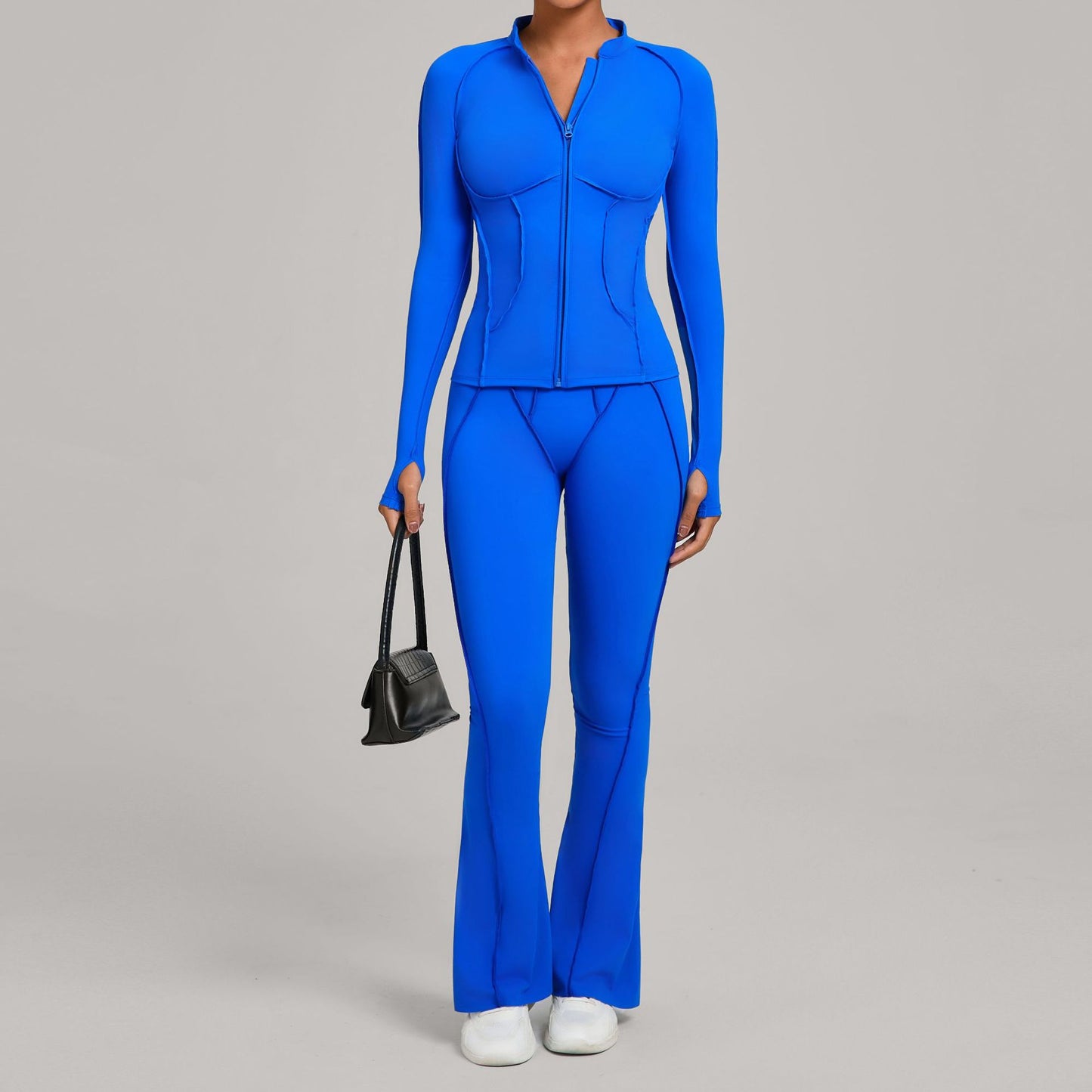 Womens Patchwork Zip Up Long Sleeve Top And Pants Set