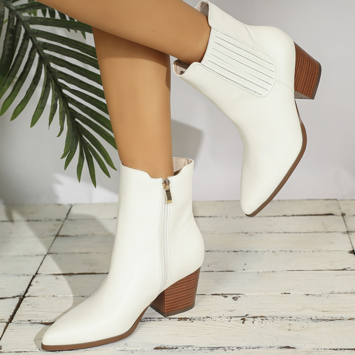 Solid Color Pointed Toe Chunky Heel High Heel Comfortable PU White Ankle Boots
