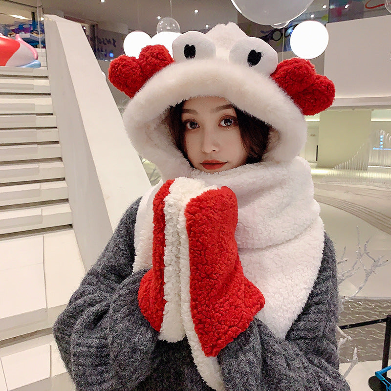 Winter Cute Crab Scarf Gloves Three-in-one Plus Velvet Thickened One-piece Hat