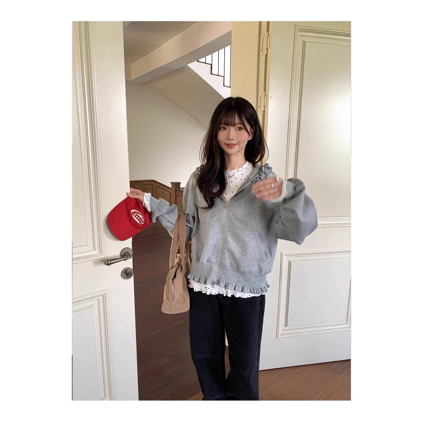 Gray Hooded Sweatshirt With Wood Ear Lace Jacket For Women