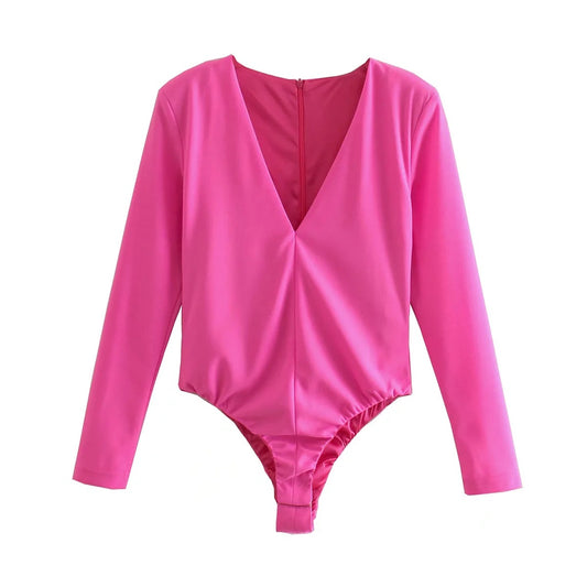 Long Sleeve Bottoming Deep V Neck Ladies One Piece Top