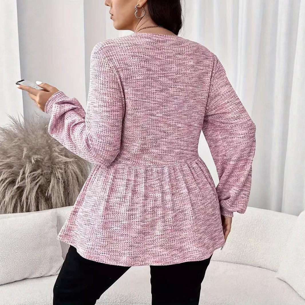 Long Sleeve Tie-dyed Printed Ruffled Hem Lantern Sleeve Round Neck T-shirt