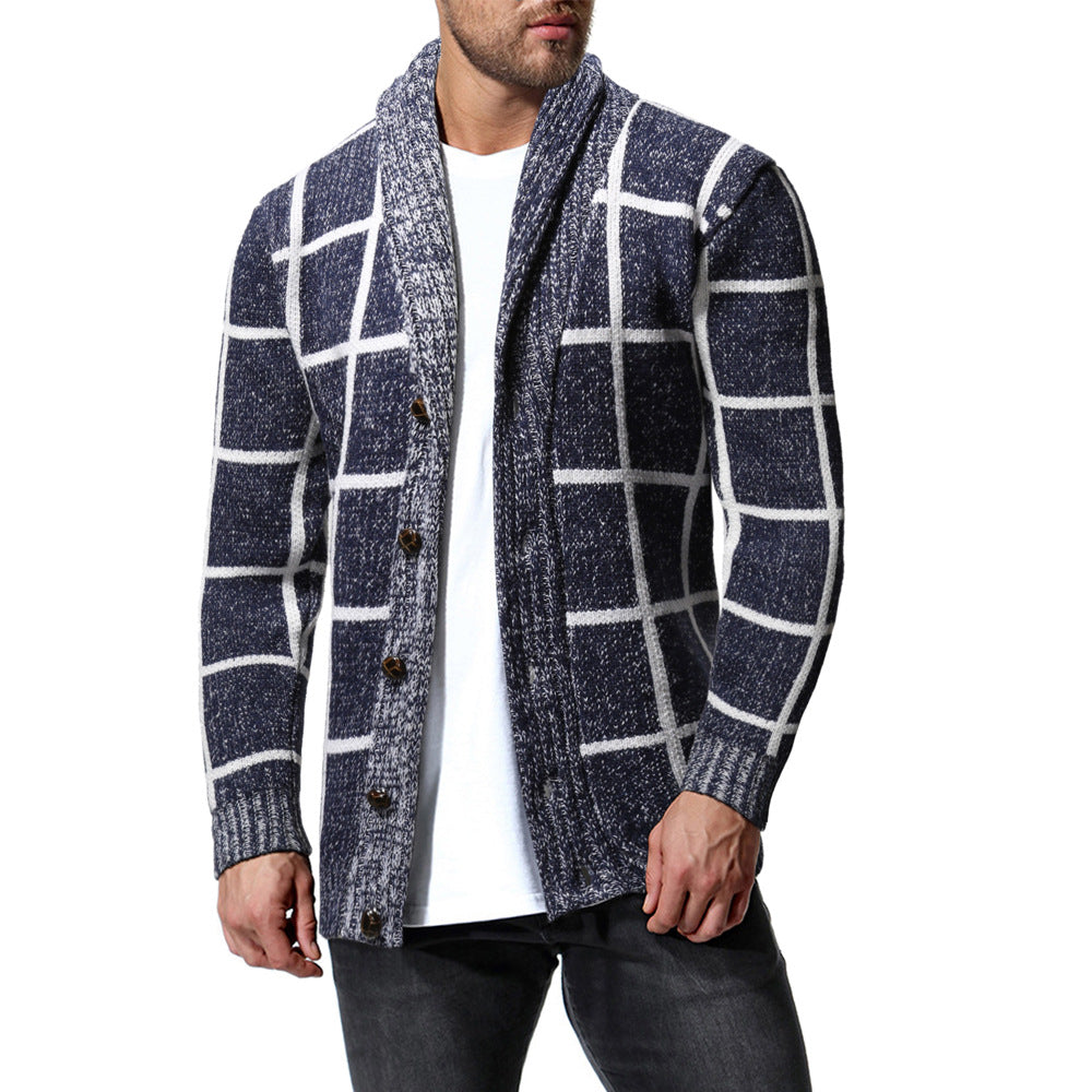 Men's Winter Color Matching Plaid Cardigan Sweater