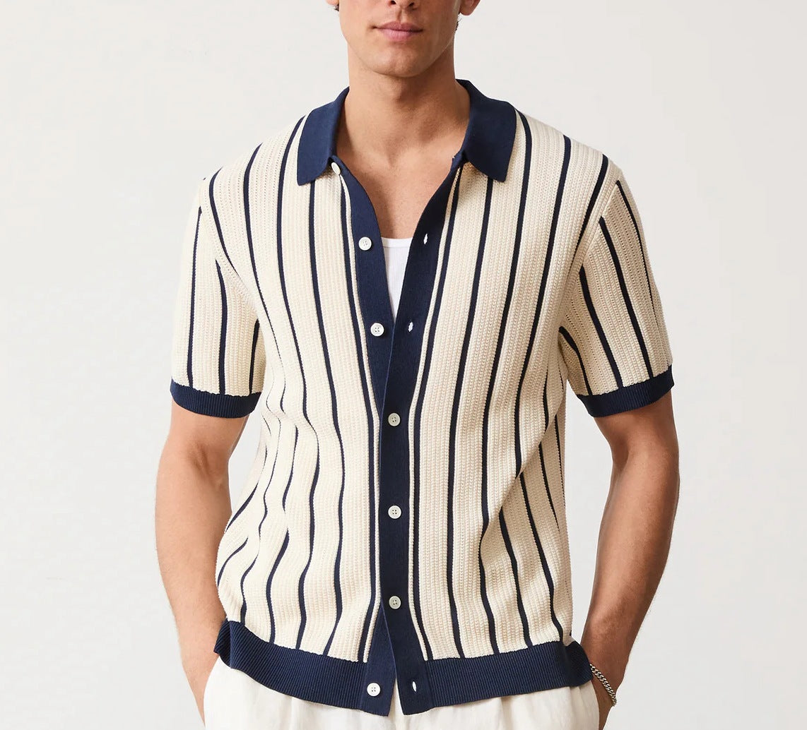 Men's Solid Color Short Sleeve Lapel Knitted
