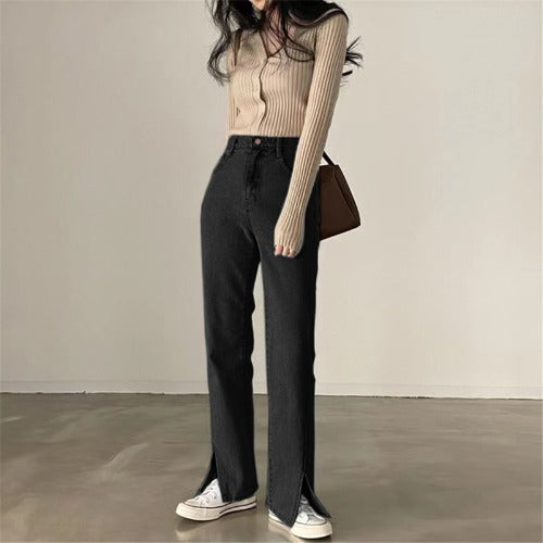 Korean Version Of Ins Fashion High-waisted Slits Were Thin And High-covered Bi-prepared Spring Jeans Women