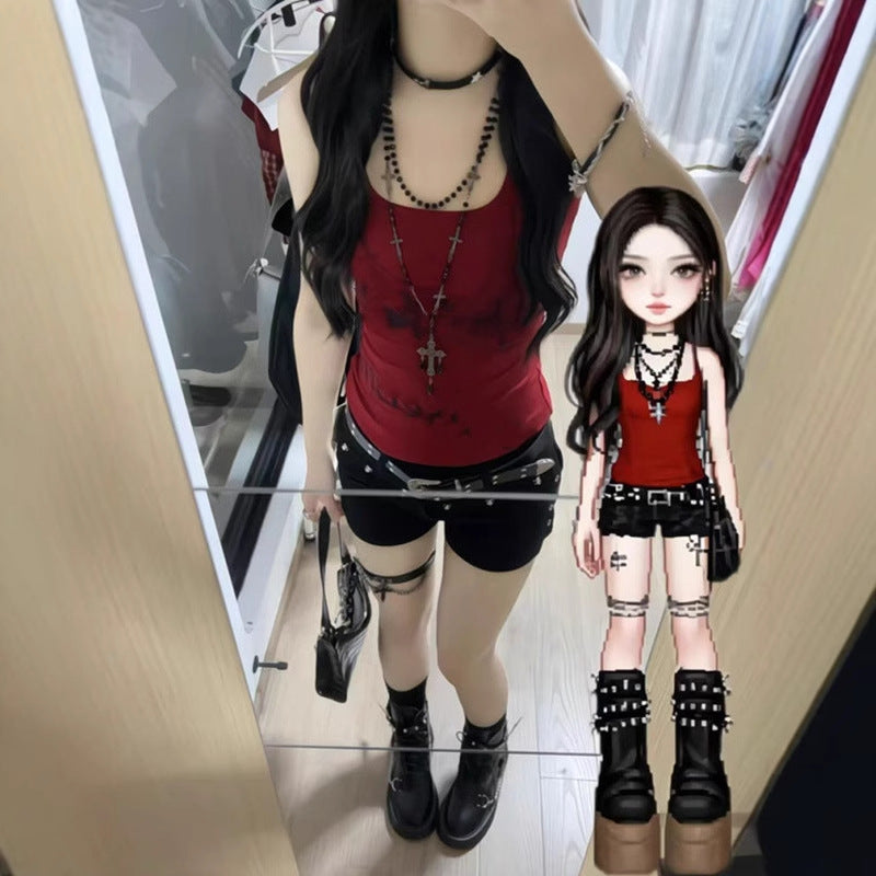 American-style Retro Red Racerback Tank Top For Sassy Girls