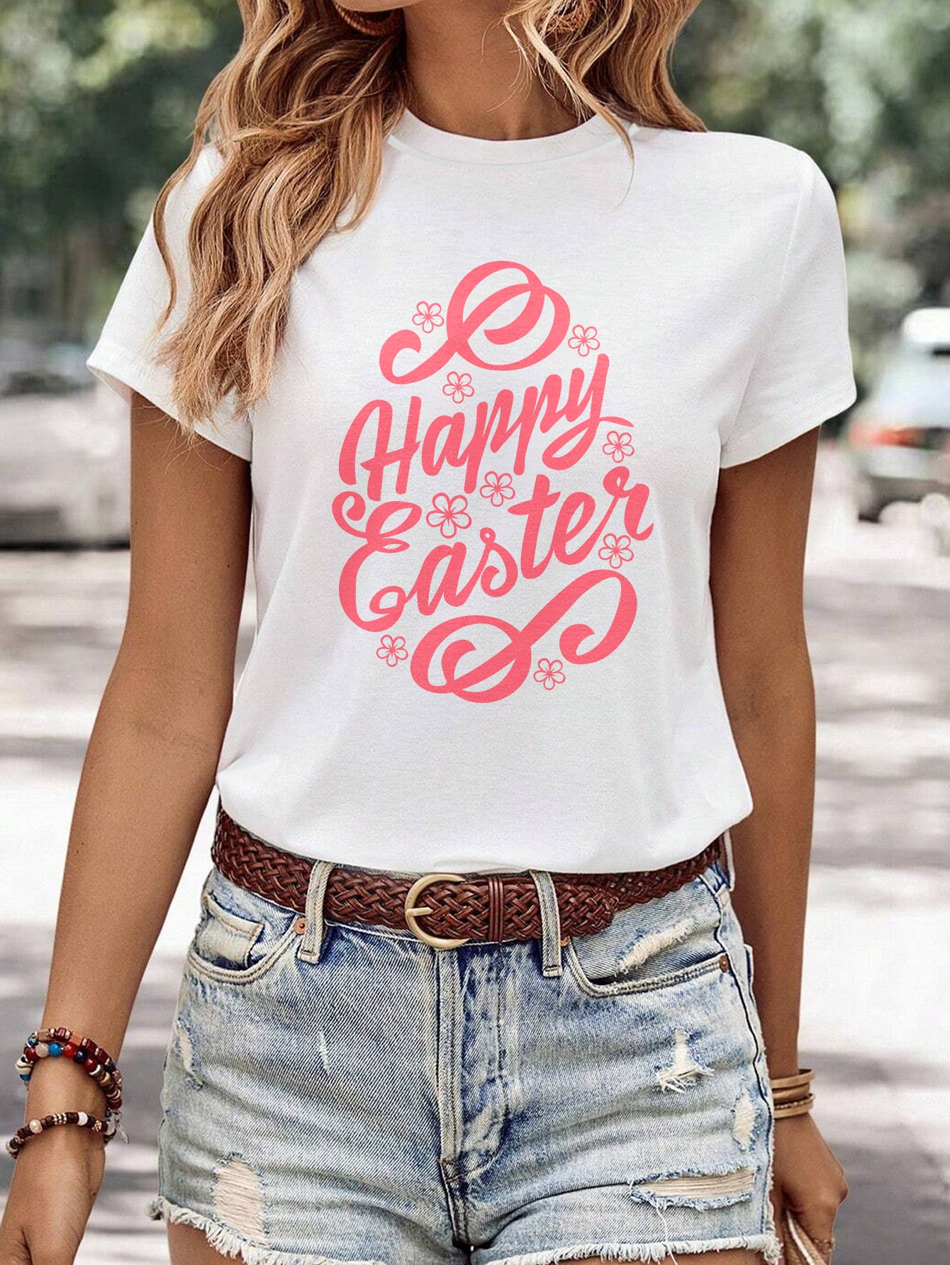 Kvinders minimalistiske afslappede T-shirt med print og rund hals
