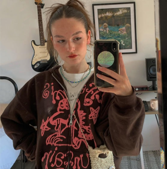 Printed Cardigan Lazy Wind Brown Temperament Commuter Loose