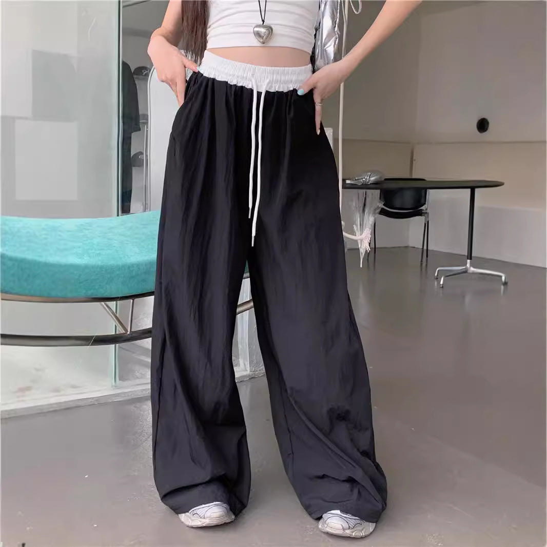 American Retro Street Style Stitching Contrast-color High Waist Tooling Pants