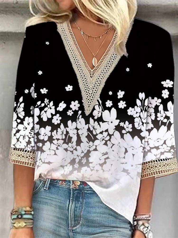 Women's Loose New Multi-color Floral Print Stitching Lace Mid-sleeve V-neck T-shirt