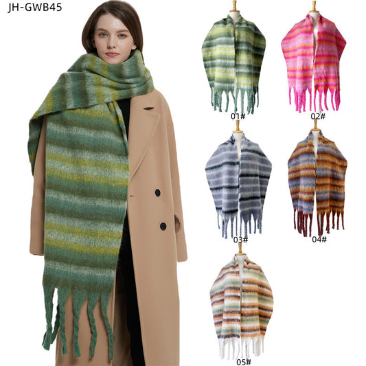 European And American Winter Thickened Circle Yarn Thick Braid Tassel Striped Scarf Shawl