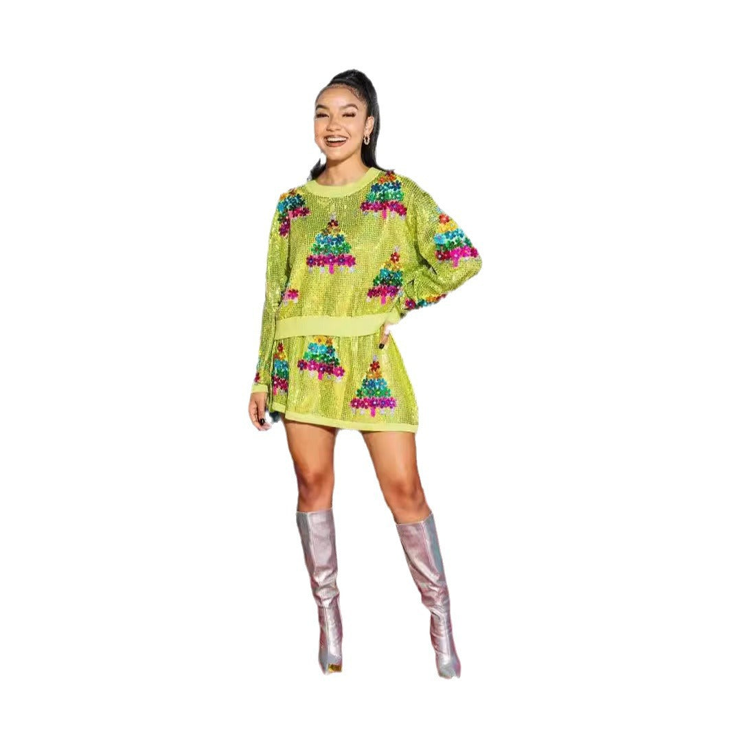 Christmas Tree Sequined Short Sleeve Two-piece Set Christmas Suit
