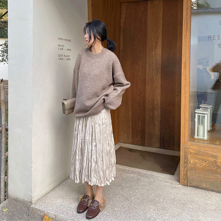 Velvet Pleated Long Skirt A-line Half Length Skirt