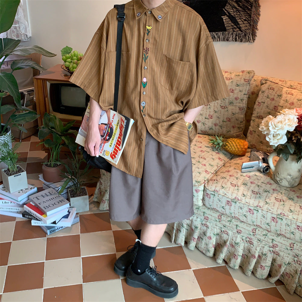 Vintage Broderet Kortærmet Skjorte med Lodrette Striber