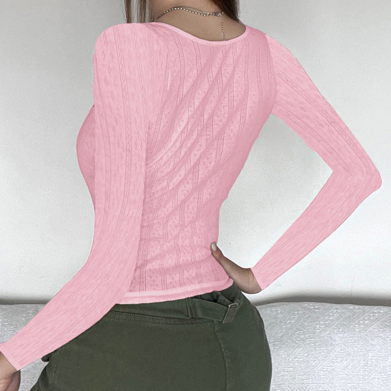Bow Color Contrast Patchwork Base T-shirt Openwork Knitted Top
