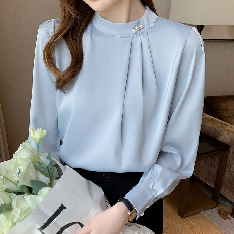 Satin Shirt Women Long Sleeve Beaded Solid Color Loose