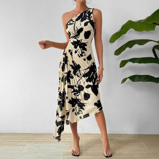 Long Sleeveless Mid-length Dress With An Irregular Leaf Print