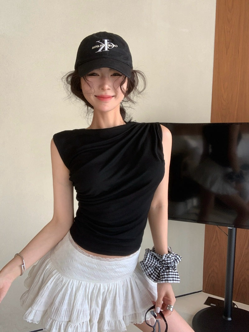 Hot Girl Style Irregular Pleated Slim Sleeveless Vest