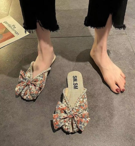 Baotou Bow Flat Slippers Women's Floral Beaded Sandals