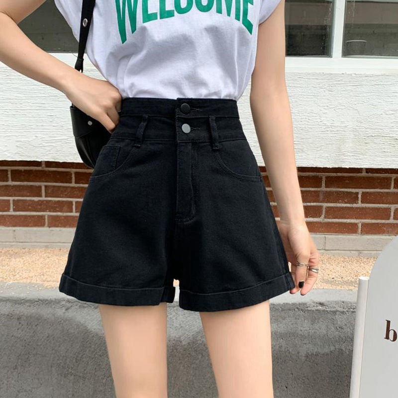 Two-button High Waist Denim Shorts Women's Wide Leg Curling A- Line Hot Pants Tide