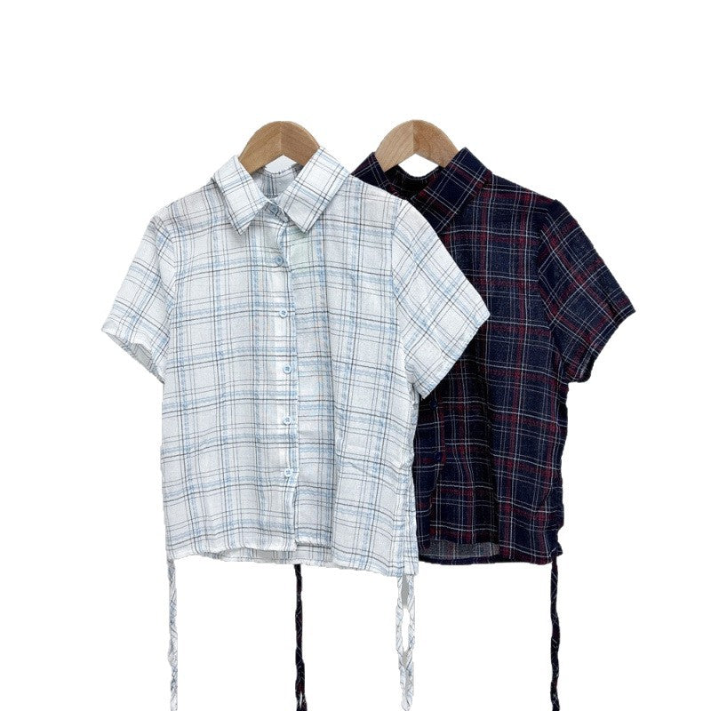 Retro Elegant Hem Pleating Short Sleeve Plaid Shirt