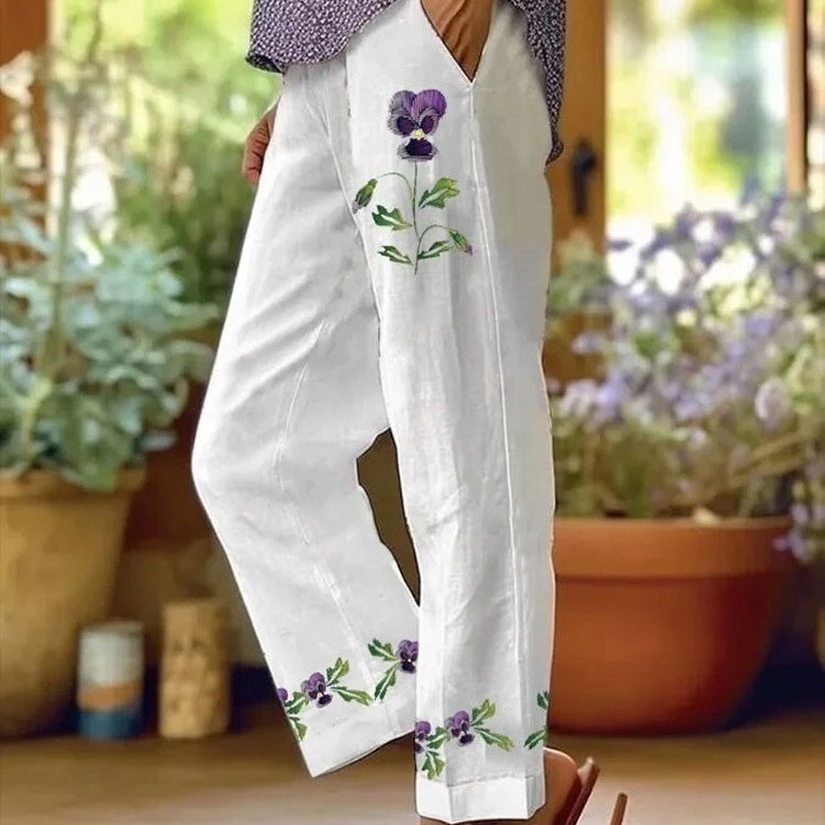 Digital Flower Printing Rag-eared Casual Pants