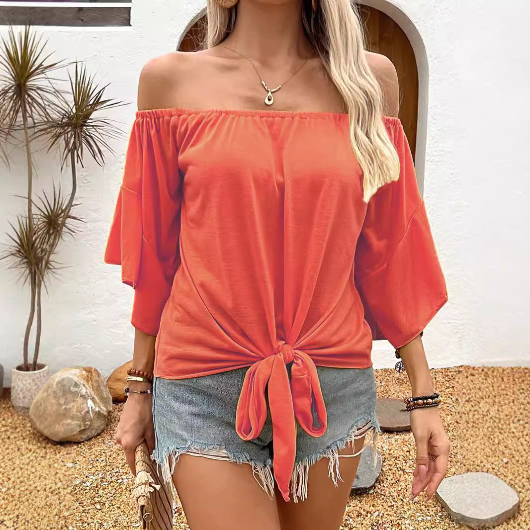 Sommer Efterår Dame Tøj Ensfarvet Off-shoulder Afslappet T-shirt Top