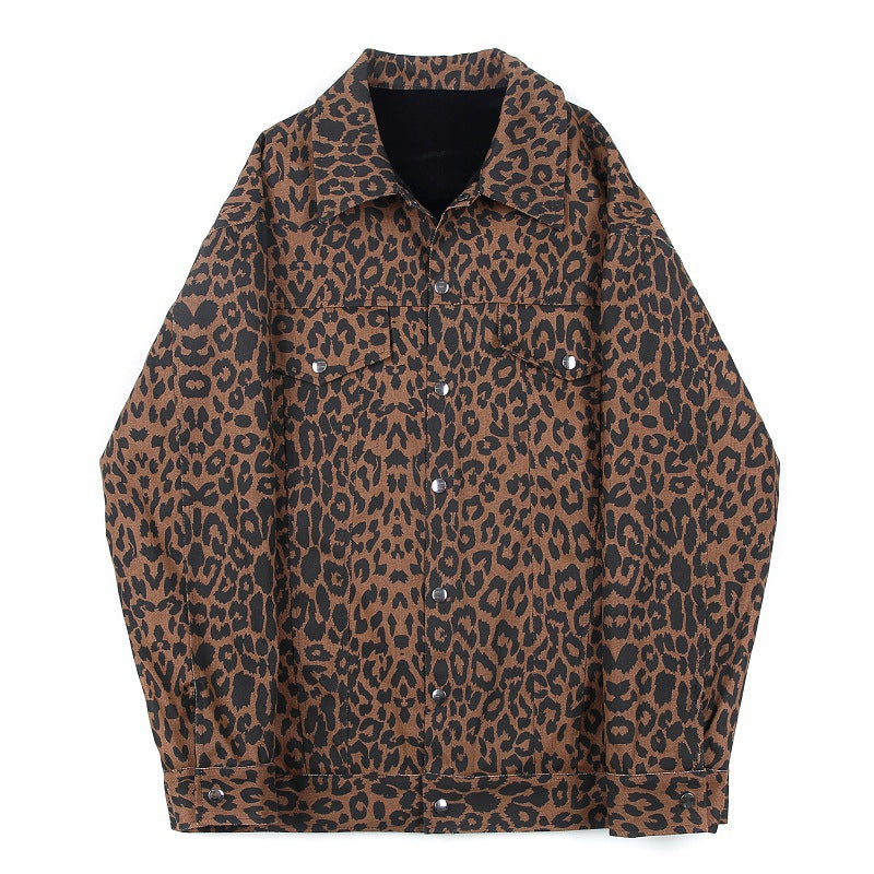 Tykkere fleecejakke med leopardprint til mænd, plysset indvendigt