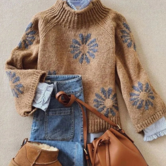 Women's Retro Brown Mock Neck Long Sleeve Sweater