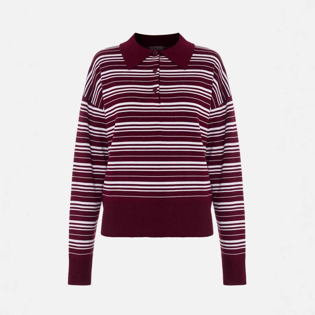 Striped Sweater Retro Contrast Color Striped Polo Collar Knitted T-shirt