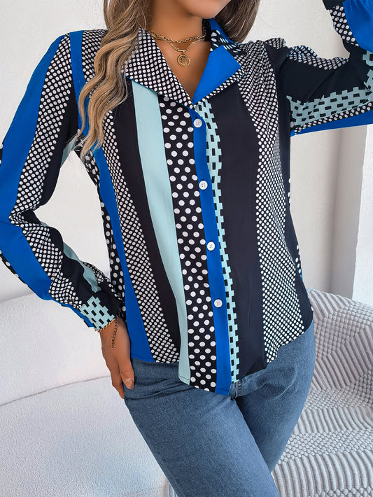 Women's Office Elegant Color Block Polka Dot Notched Lapel Long Sleeve Shirt