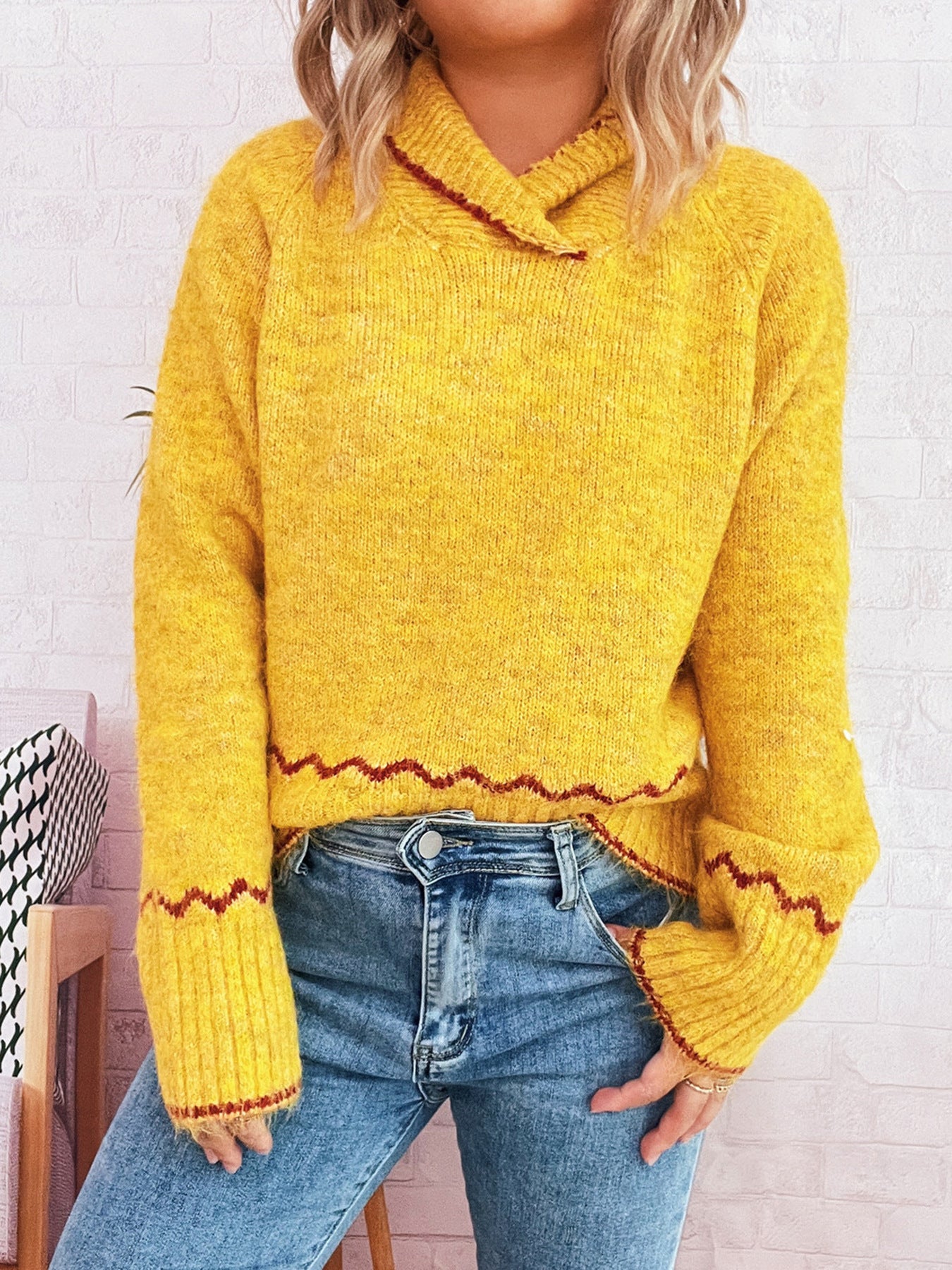 Simple Commute Half Turtleneck Lapel Contrast Color Knitted Pullover Sweater