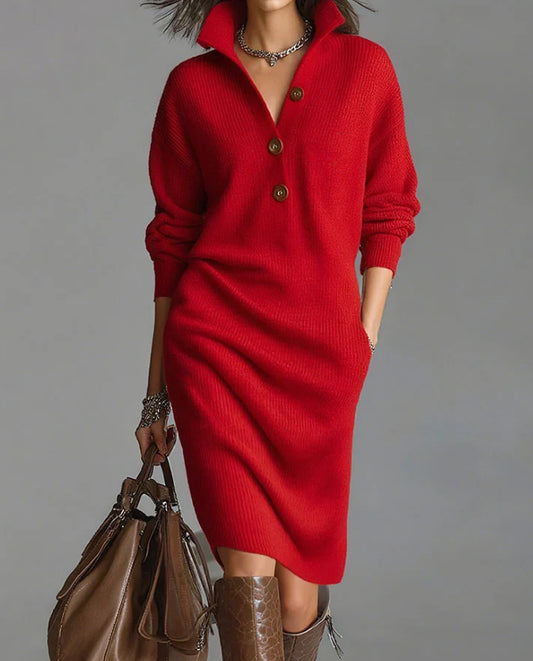 Casual Button Lapel Straight Knit Medium To Long Haired Dress
