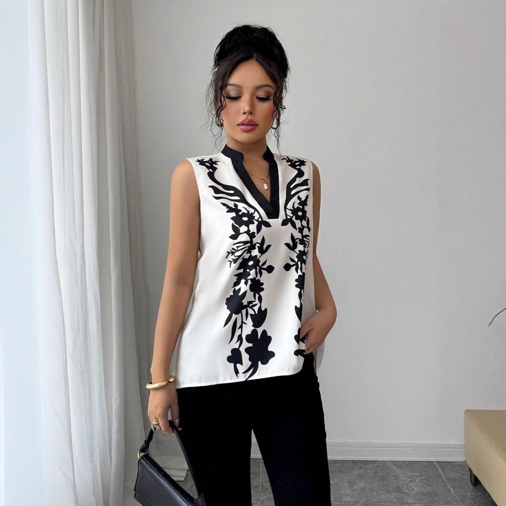 Womens Sleeveless Top With A V-neck And A Stylish Printed Design