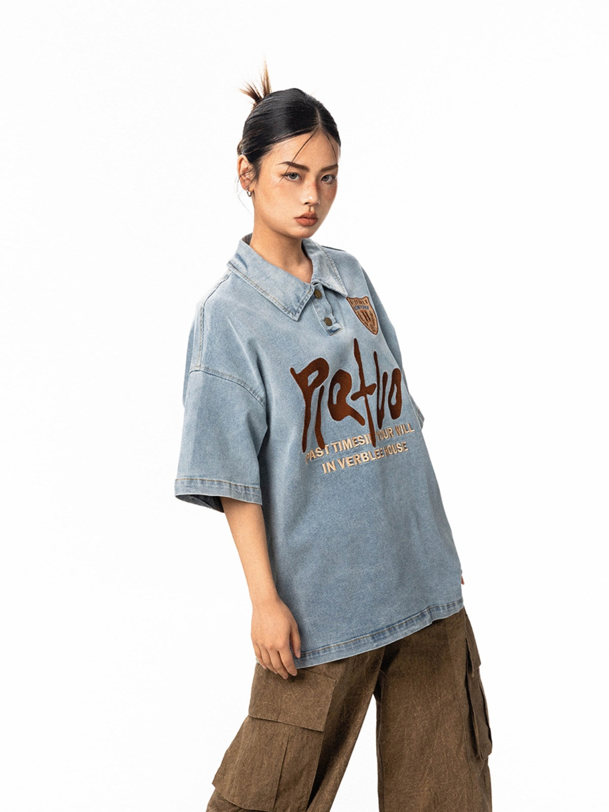 Embroidered Denim Short Sleeve Retro Neutral Loose