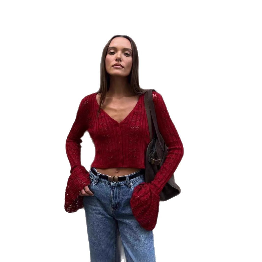 Women's Clothes Sexy Cutout Bell Sleeve Solid Color Short Knitted Top